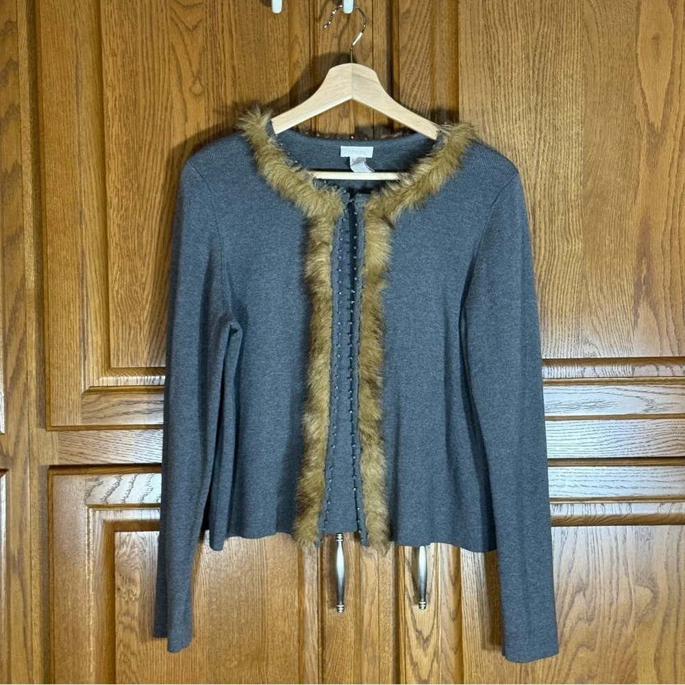 Chico’s Faux Fur Trim Gray Cardigan‎ Sweater Jacket Open Front Size 2 (L/XL)